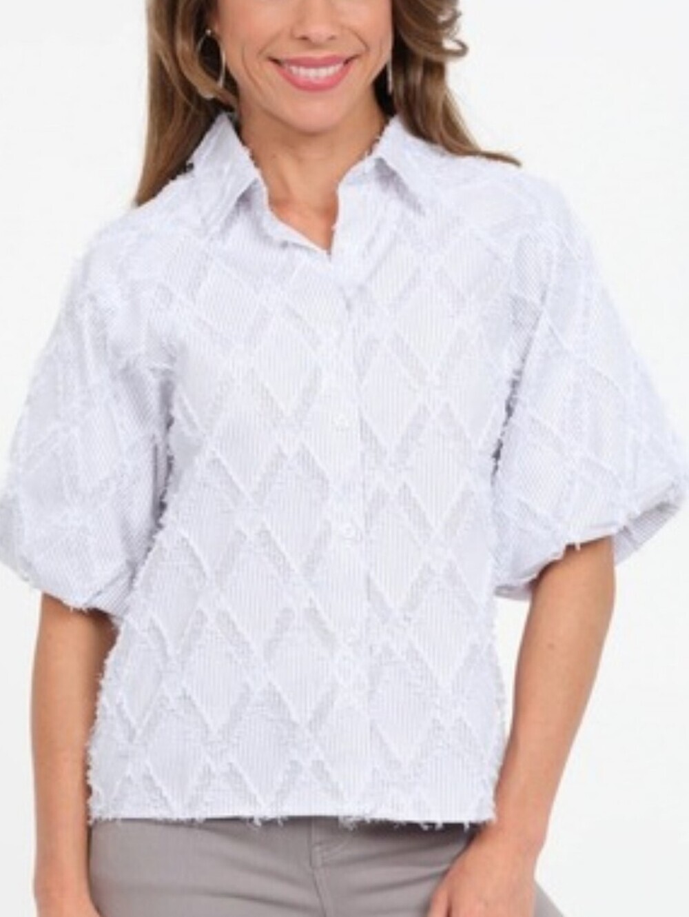 Ali Miles White Pin Stripe Button-Up Shirt Eyelash fringe puff sleeves XL